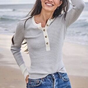Faherty Mikki Henley Sweater Cotton Cashmere Medium Ribbed Contrast Cuff